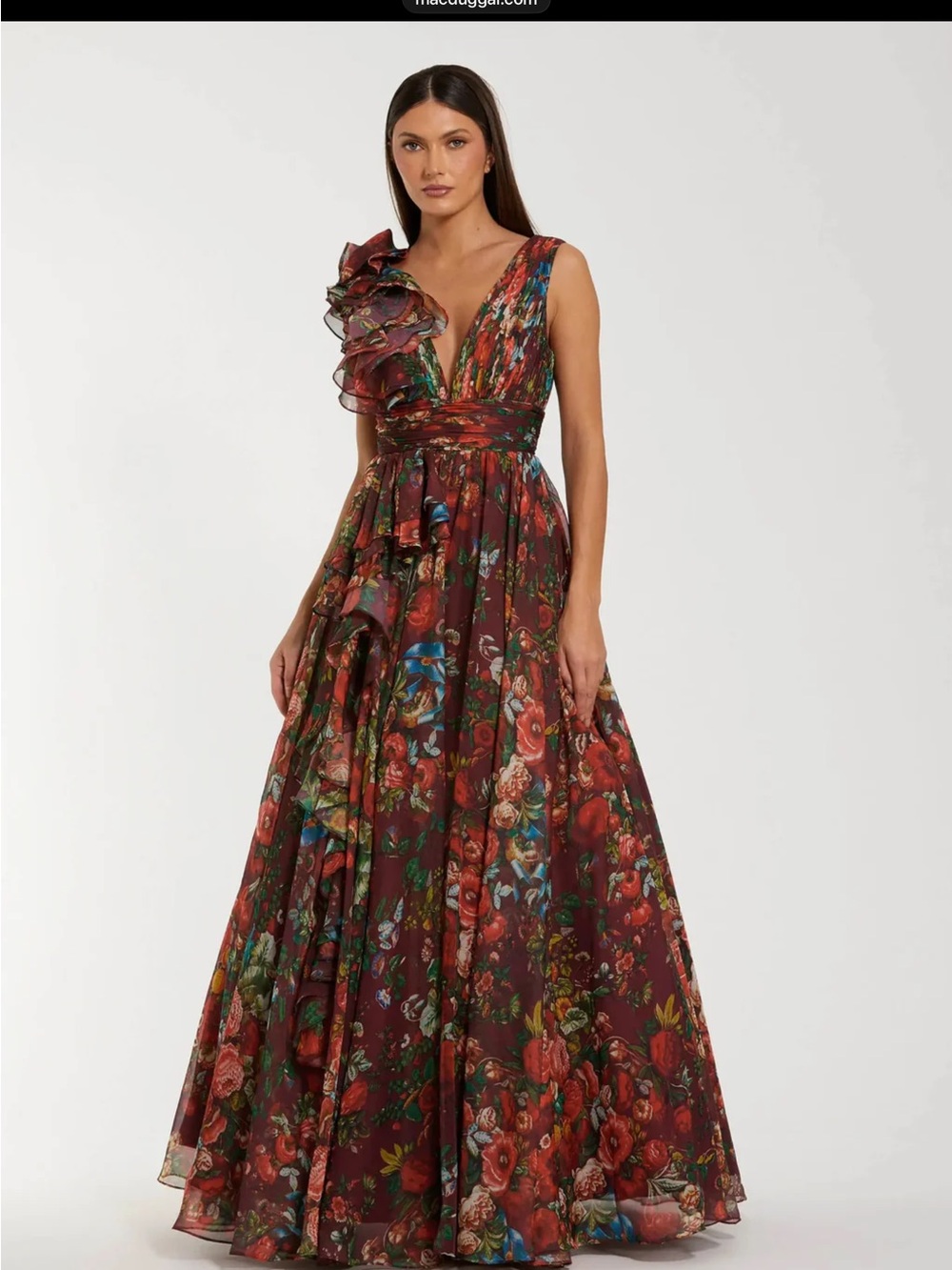Mac Duggal Burgundy Floral One-Shoulder Ruffle V-Neck Maxi Gown
